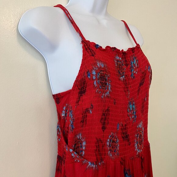 Free People Garden Party Midi Smocked Dress Size Large Red Floral - Picture 3 of 6